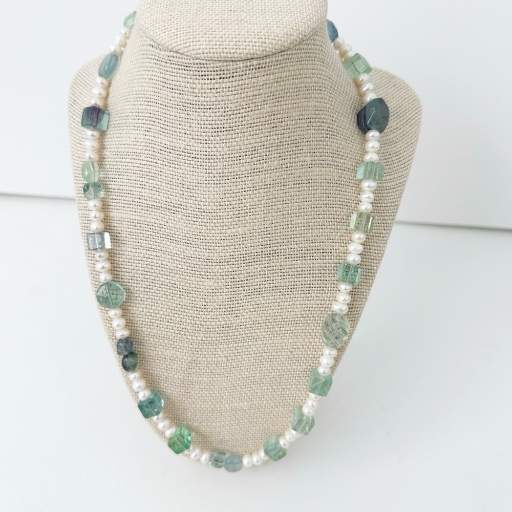 NWT Genuine Fluorite & Pearls Necklace Green White Beaded